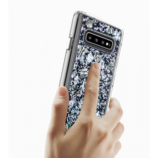 Wholesale Galaxy S10+ (Plus) Luxury Glitter Dried Natural Flower Petal Clear Hybrid Case (Silver Pearl)